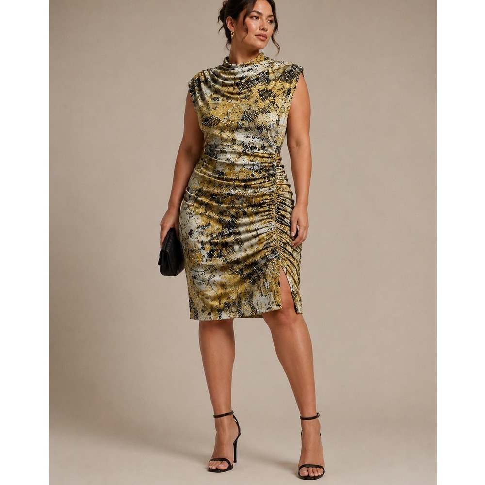 Anthropologie Maya Ruched Cowl Neck Dress Yellow Snakeskin Sleeveless Sheath XLP